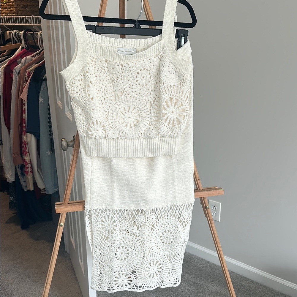 Elegant White Crochet Two Piece Set